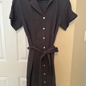 Faherty Organic Dream Cotton Gauze Charcoal Gray Button-Down Dress